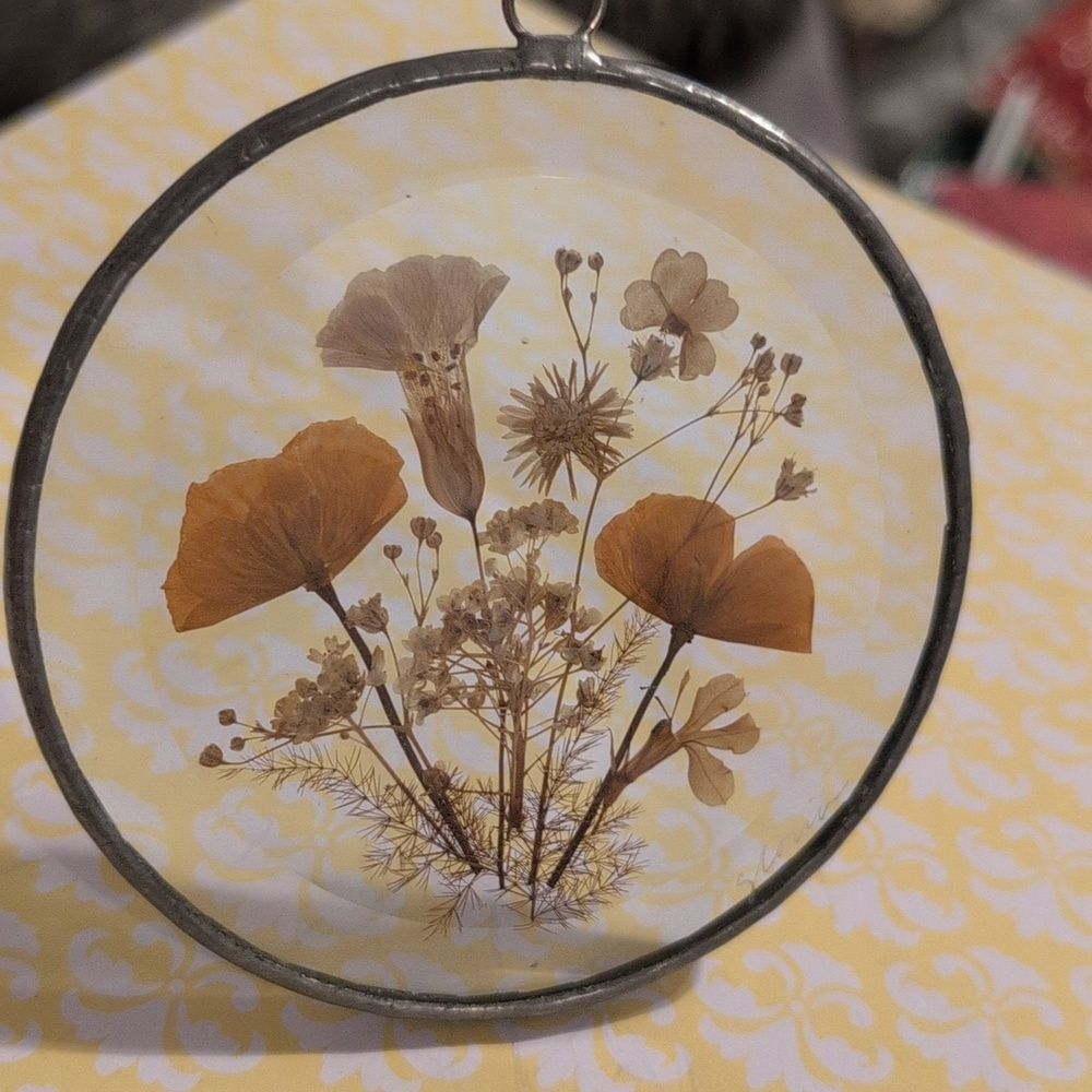 Vintage Pressed Dried Flowers, Silver Metal Trim Circle Shaped Beveled Gloria